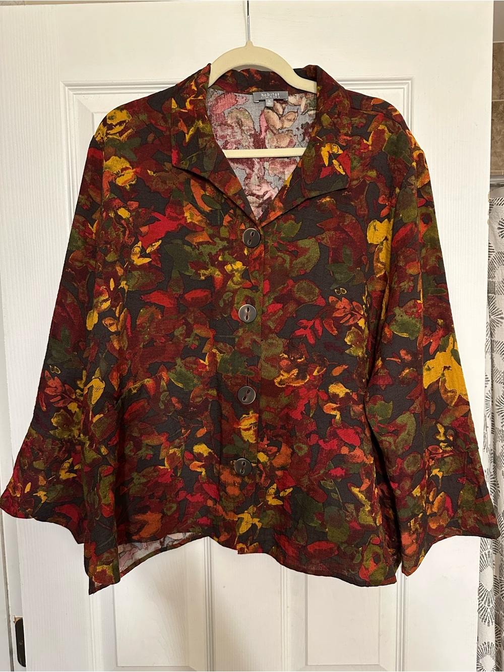 Habitat Autumn Fall Leaves Button Jacket Top XL Lagenlook Art to Wear Earthy